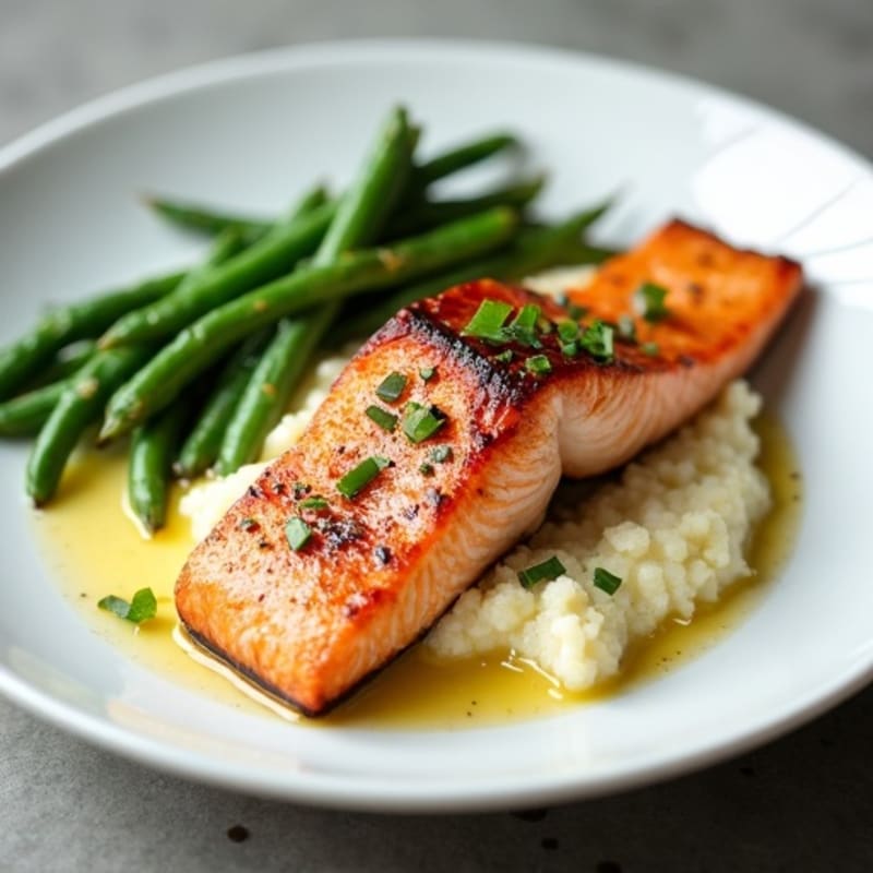 Seared Salmon Fillet with Garlic Green Beans and Cauliflower Mash
