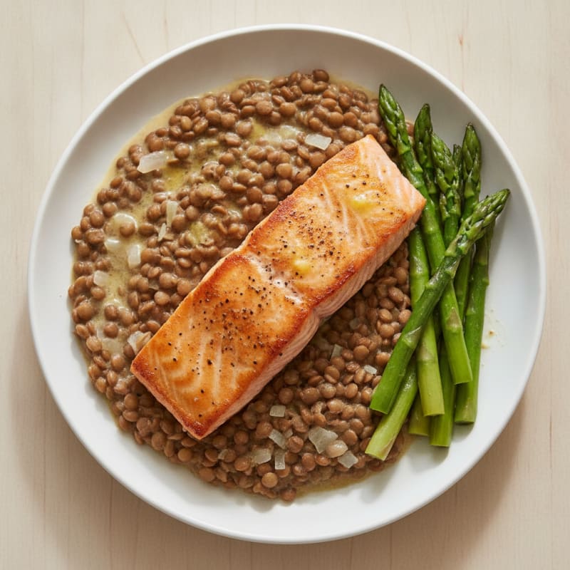 Seared Salmon with Creamy Lentils and Steamed Asparagus