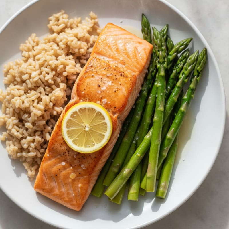 Seared Salmon with Steamed Asparagus and Brown Rice