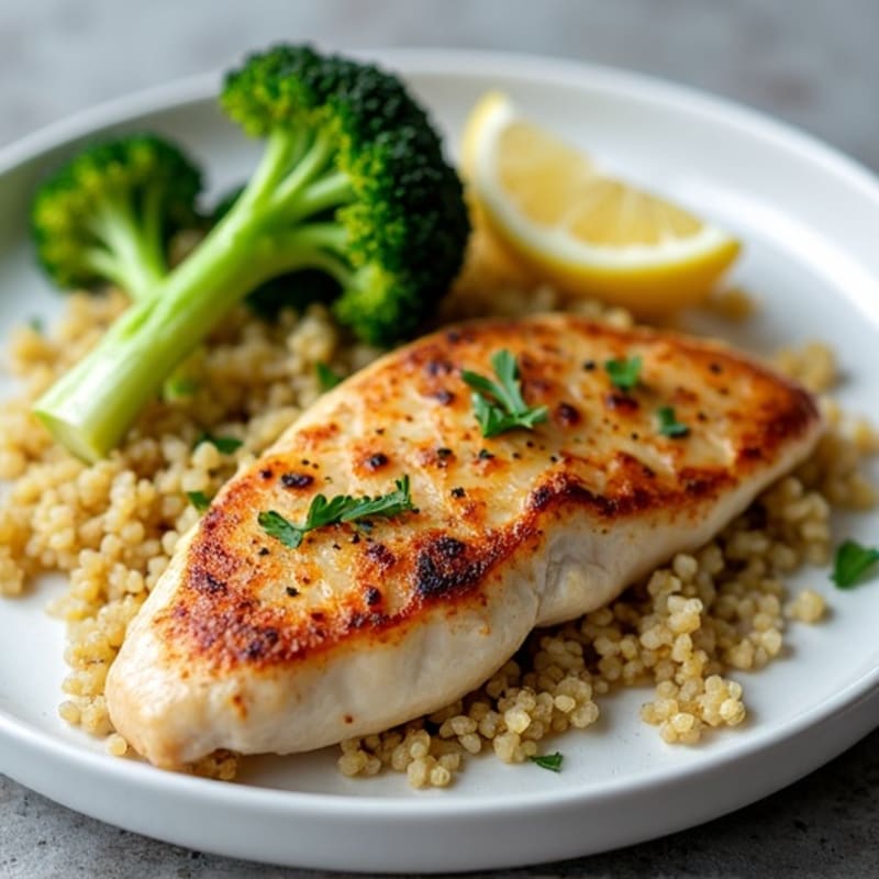 Seared Chicken Breast with Quinoa and Roasted Broccoli