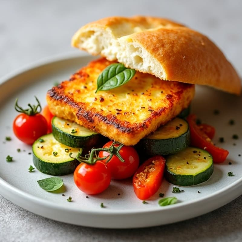 Crispy Pan-Seared Halloumi with Roasted Vegetables and Warm Brioche
