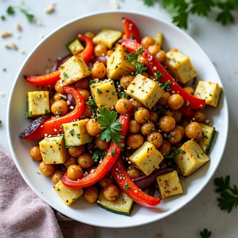 Sheet Pan Roasted Vegetables with Crispy Chickpeas, Tempeh, and Lemon-Herb Dressing