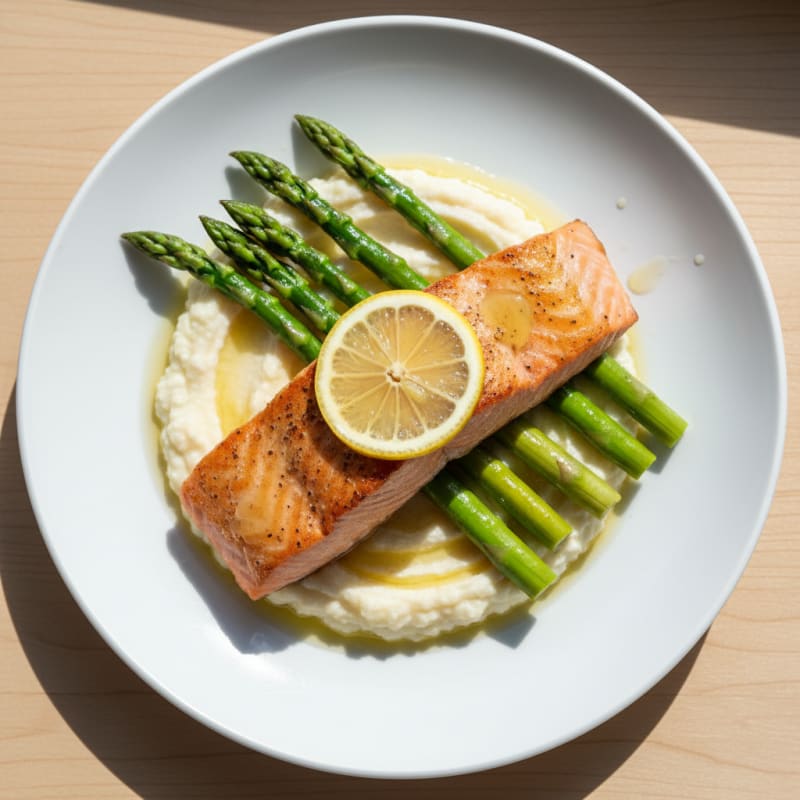 Seared Salmon with Steamed Asparagus and Cauliflower Mash
