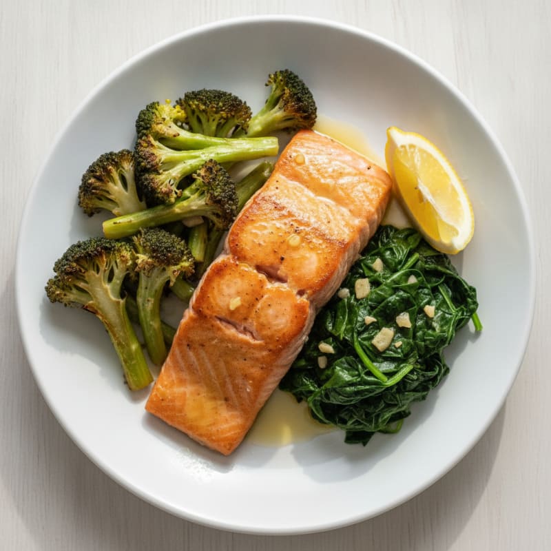 Pan-Seared Salmon with Roasted Broccoli and Spinach