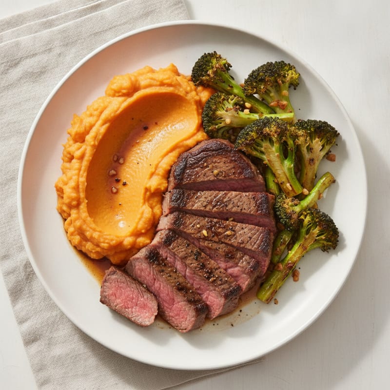 Seared Lean Beef Steak with Roasted Broccoli and Sweet Potato Mash
