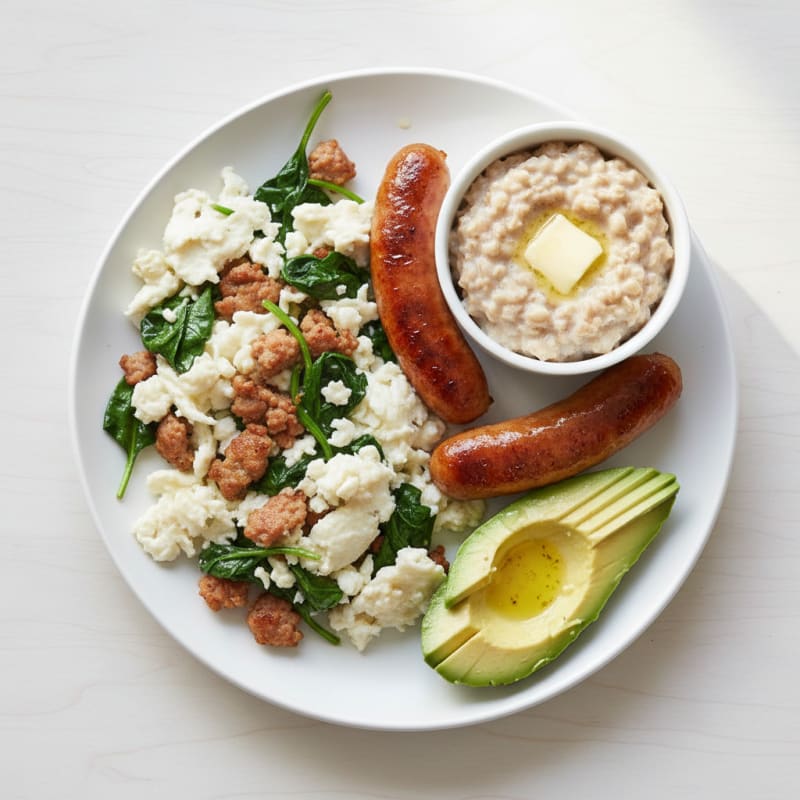 Egg White Scramble with Turkey Sausage and Sautéed Spinach