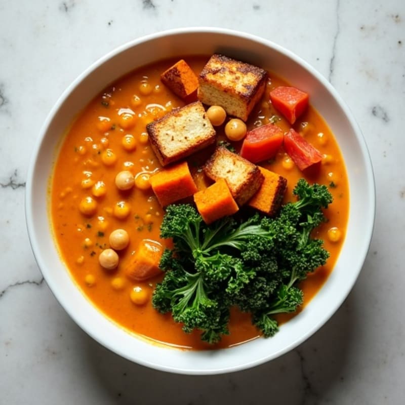 Creamy Coconut Lentil Stew with Roasted Sweet Potatoes and Kale