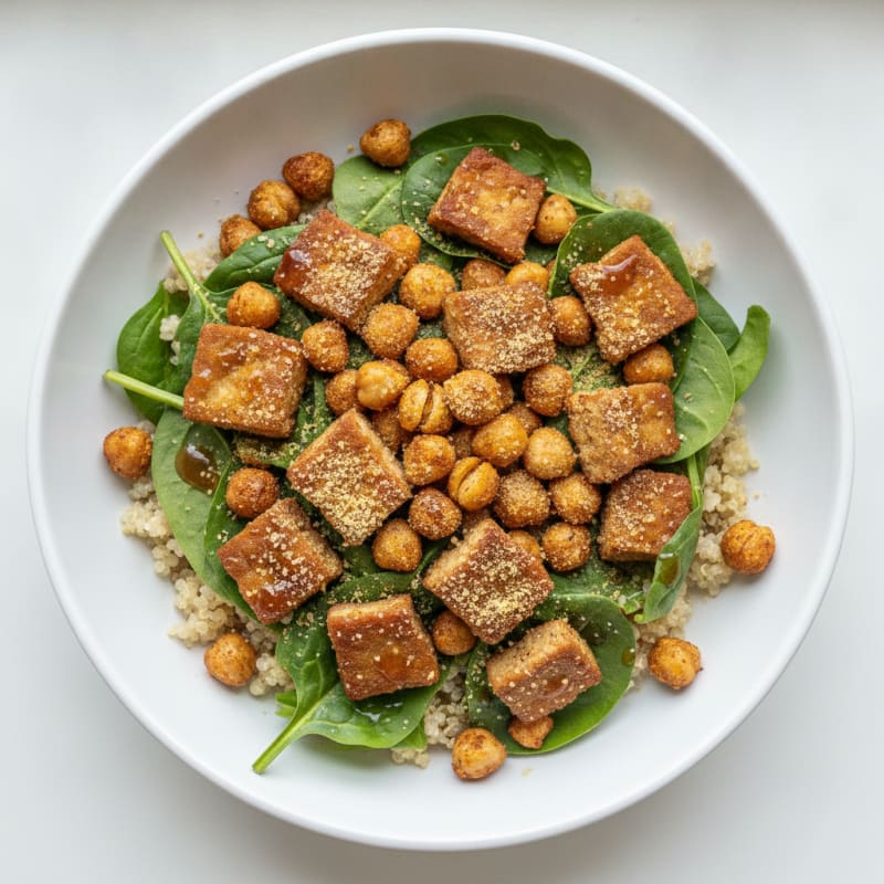 Crispy Tempeh Power Bowl with Quinoa and Roasted Chickpeas
