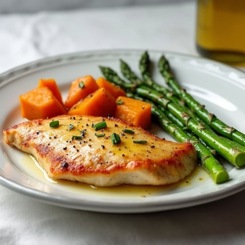 Seared Chicken Breast with Roasted Sweet Potatoes and Asparagus