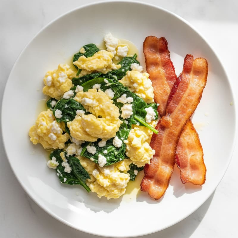 Cottage Cheese Egg Scramble with Spinach and Turkey Bacon