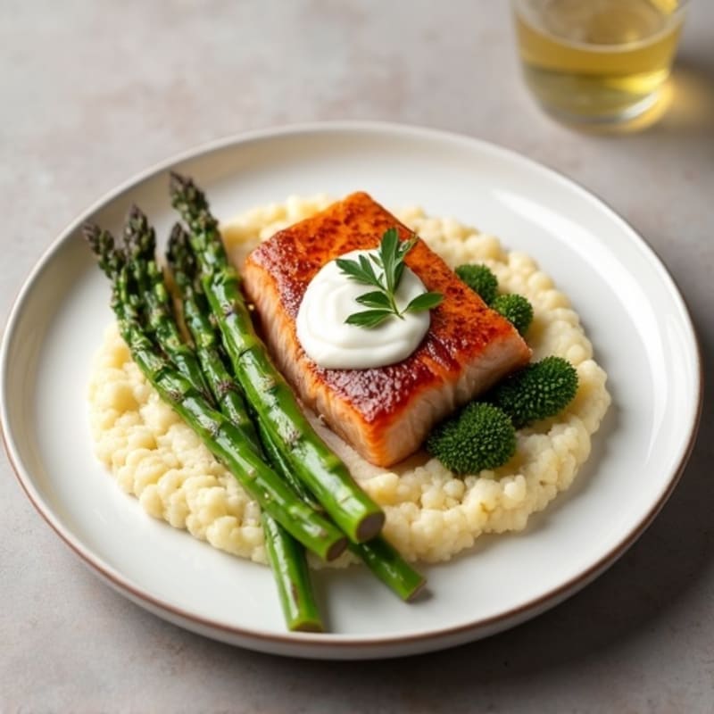 Seared Salmon with Roasted Asparagus and Cauliflower Mash