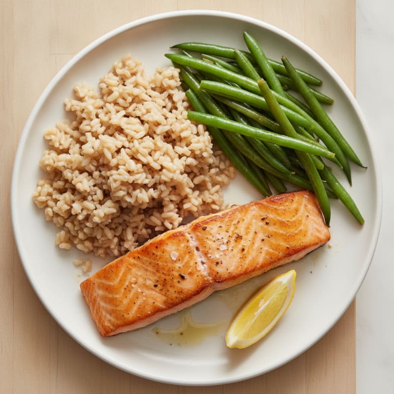 Seared Salmon Fillet with Steamed Green Beans and Brown Rice