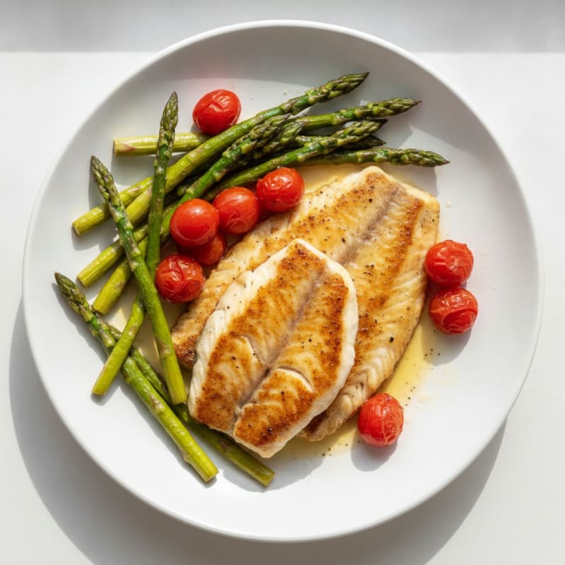 Seared Tilapia with Roasted Asparagus and Cherry Tomatoes