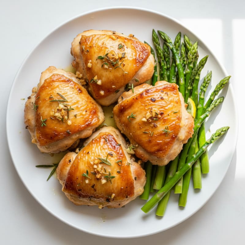 Oven-Baked Lemon Herb Chicken Thighs with Steamed Asparagus