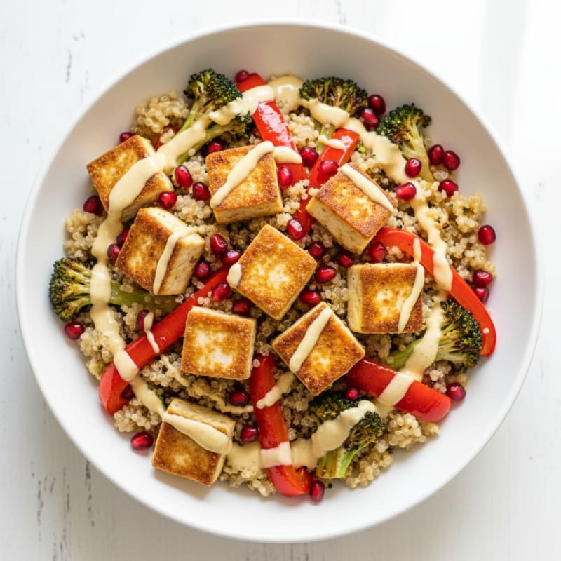 Crispy Tofu and Quinoa Bowl with Roasted Vegetables and Lemon Tahini Drizzle