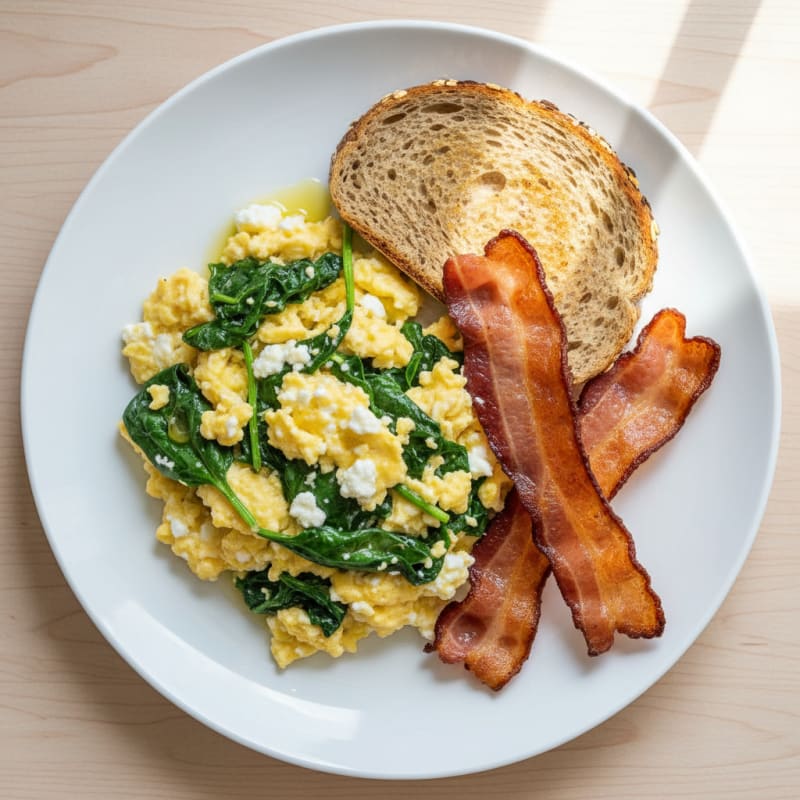 Cottage Cheese Egg Scramble with Spinach and Turkey Bacon