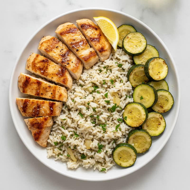 Roasted Zucchini and Herb Rice Pilaf with Lemon Chicken