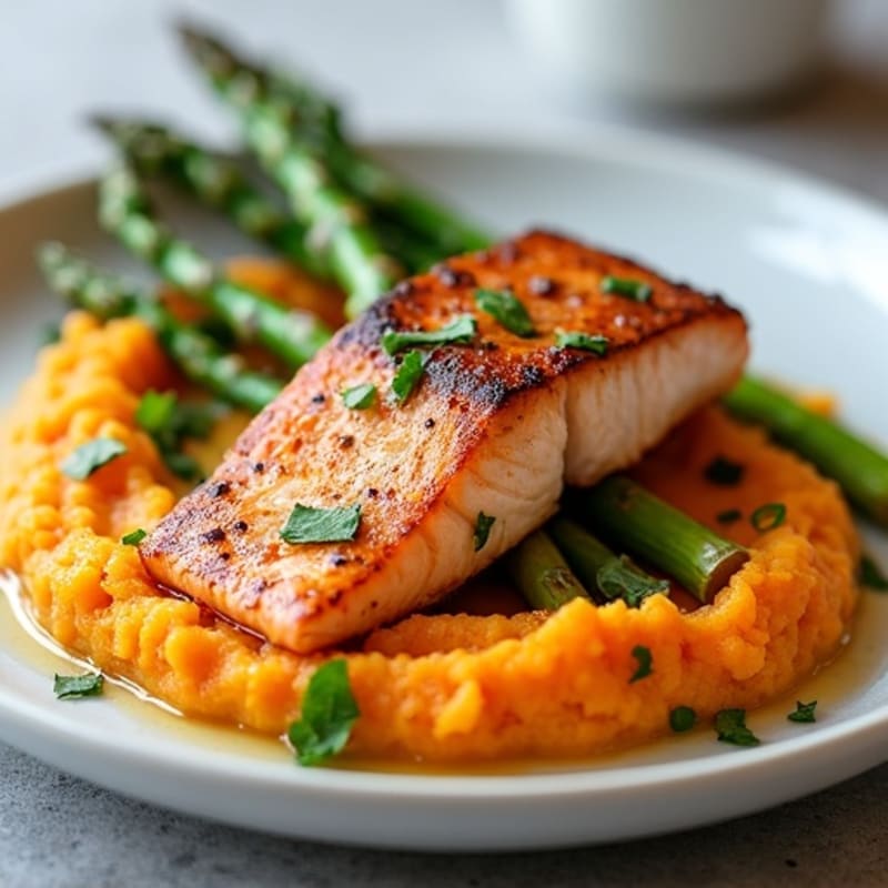Seared Salmon Filet with Roasted Asparagus and Sweet Potato Mash