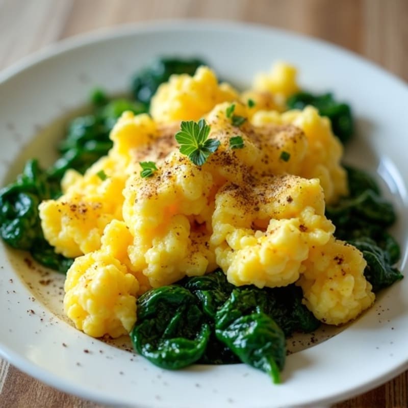 Fluffy Scrambled Eggs with Fresh Herbs and Sautéed Spinach