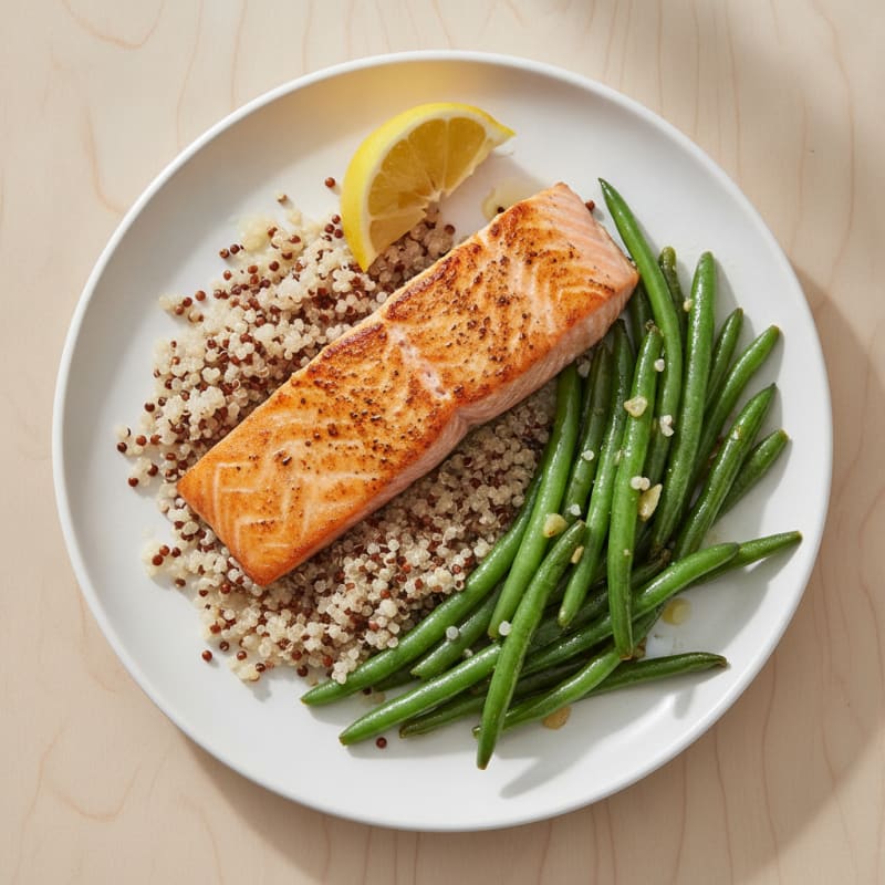 Seared Salmon with Garlic Green Beans and Quinoa