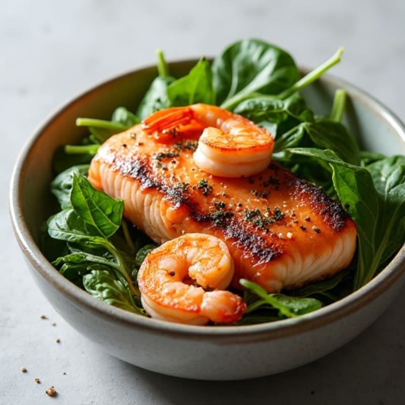 Pan-Seared Salmon and Shrimp with Crispy Nori and Sesame Greens