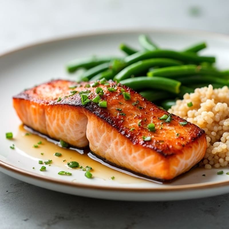 Seared Salmon Fillet with Steamed Green Beans and Brown Rice
