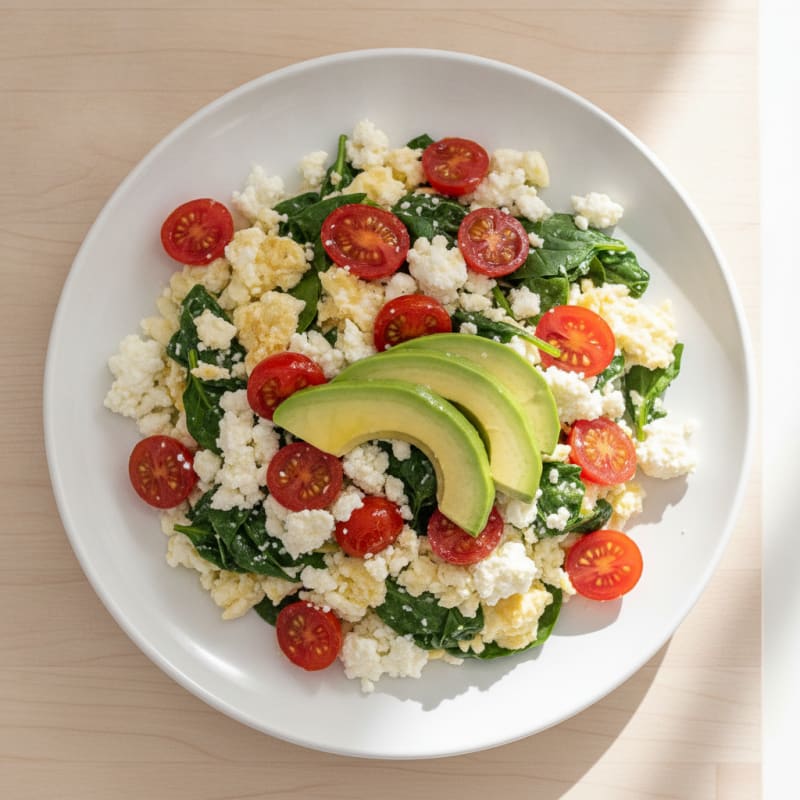 Egg White and Spinach Scramble with Cottage Cheese and Cherry Tomatoes