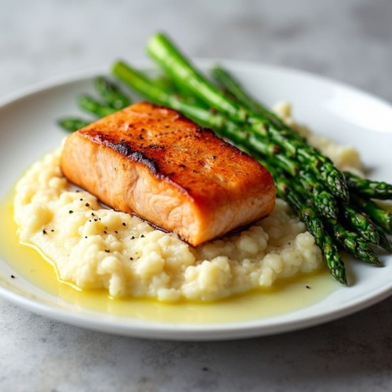 Seared Salmon with Steamed Asparagus and Cauliflower Mash