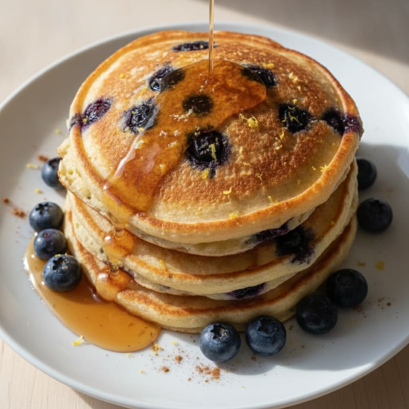 Blueberry Ricotta Pancakes with Maple Syrup