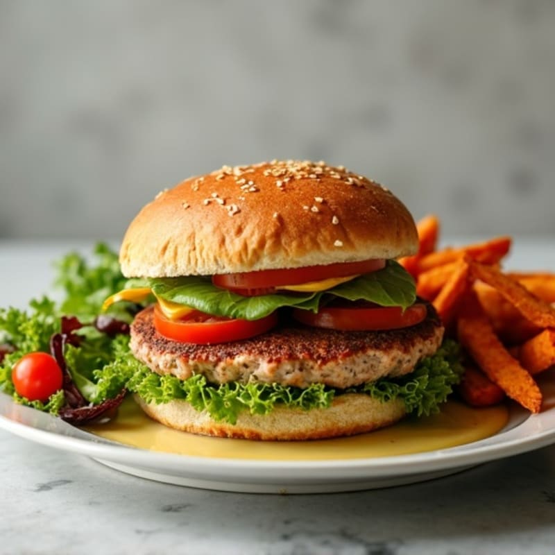 Lean Turkey Burger with Crispy Sweet Potato Fries and Fresh Greens