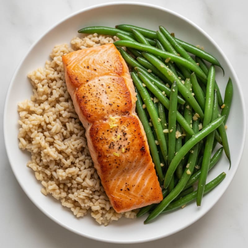 Seared Salmon with Garlic Green Beans and Brown Rice
