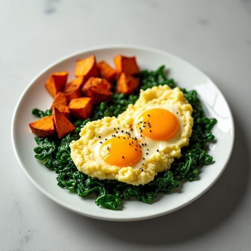 High-Protein Scrambled Eggs with Fresh Spinach and Roasted Sweet Potatoes