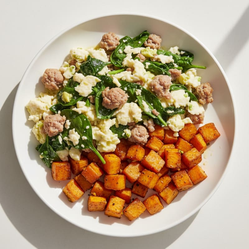 Egg White and Turkey Sausage Scramble with Spinach and Roasted Sweet Potato