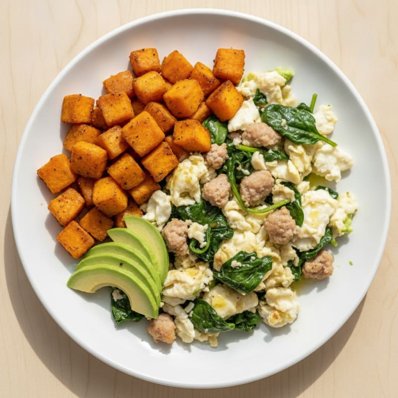 Egg White and Turkey Sausage Scramble with Spinach and Roasted Sweet Potato
