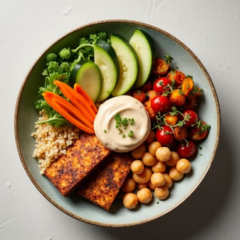 Crispy Tofu and Roasted Vegetable Buddha Bowl with Creamy Tahini Dressing