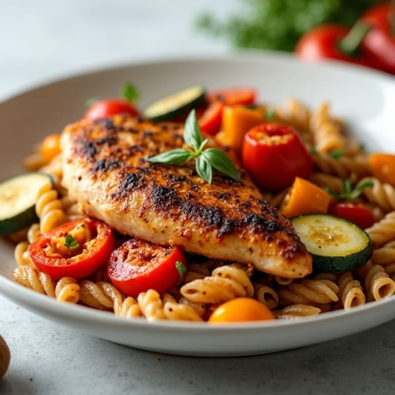 Spicy Blackened Chicken Pasta with Roasted Vegetables