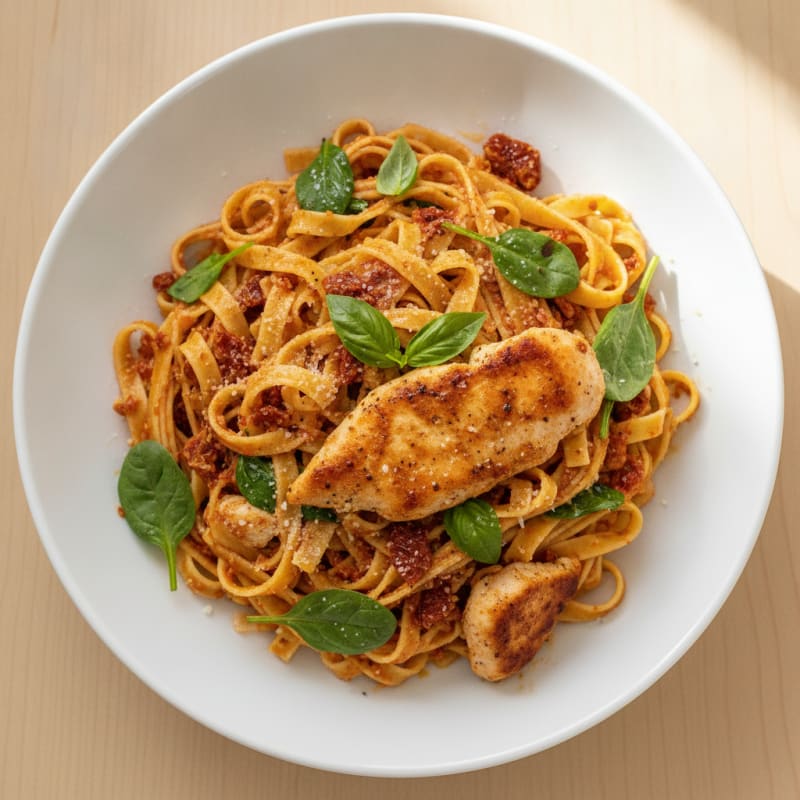 Fettuccine with Sun-Dried Tomato Pesto and Seared Chicken