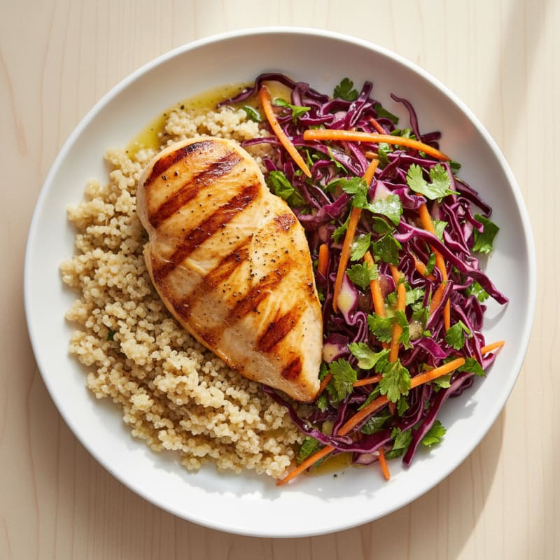 Grilled Chicken Breast with Crunchy Cabbage Slaw and Quinoa