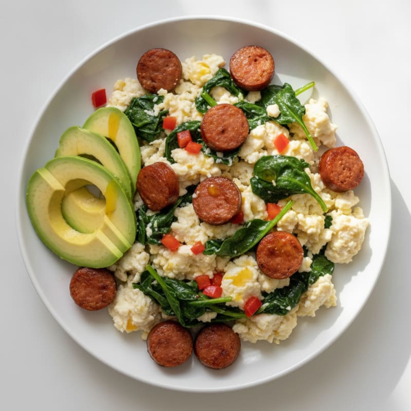 Egg White Scramble with Turkey Sausage and Sautéed Spinach
