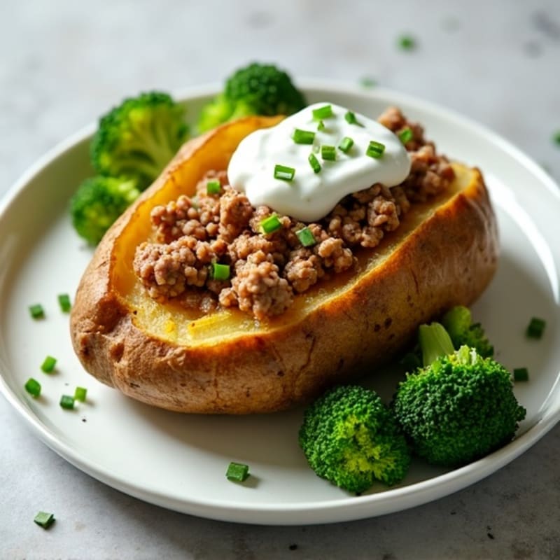Crispy Baked Potato with Lean Ground Turkey, Steamed Broccoli, and Creamy Chive Topping