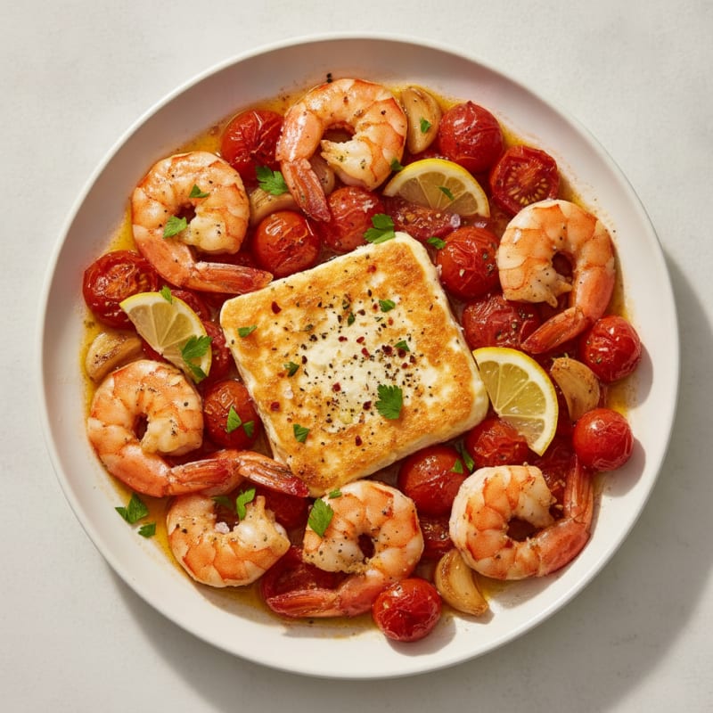 Mediterranean Baked Feta with Roasted Tomatoes and Shrimp