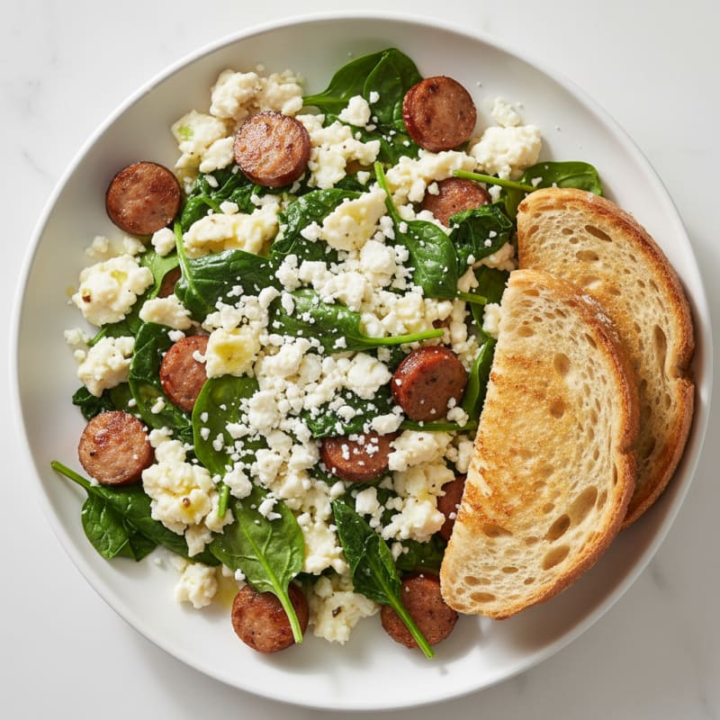 Egg White and Turkey Sausage Scramble with Sautéed Spinach and Feta