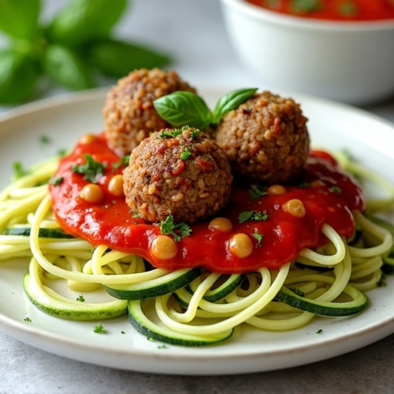 Hearty Baked Lentil Meatballs with Fresh Marinara and Zucchini Noodles