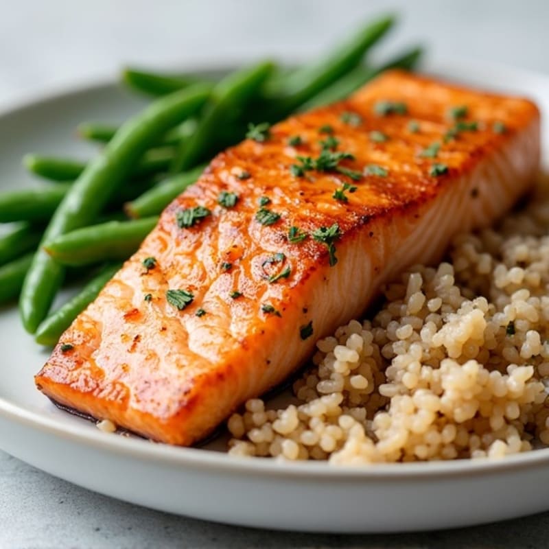 Seared Salmon with Steamed Green Beans and Brown Rice