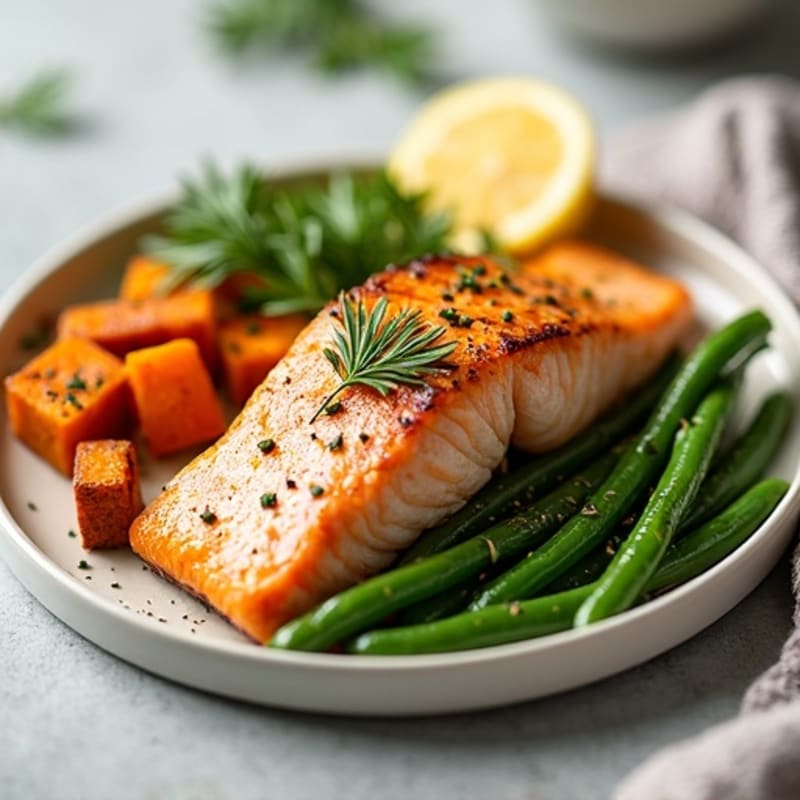 Seared Salmon with Garlic Green Beans and Roasted Sweet Potatoes