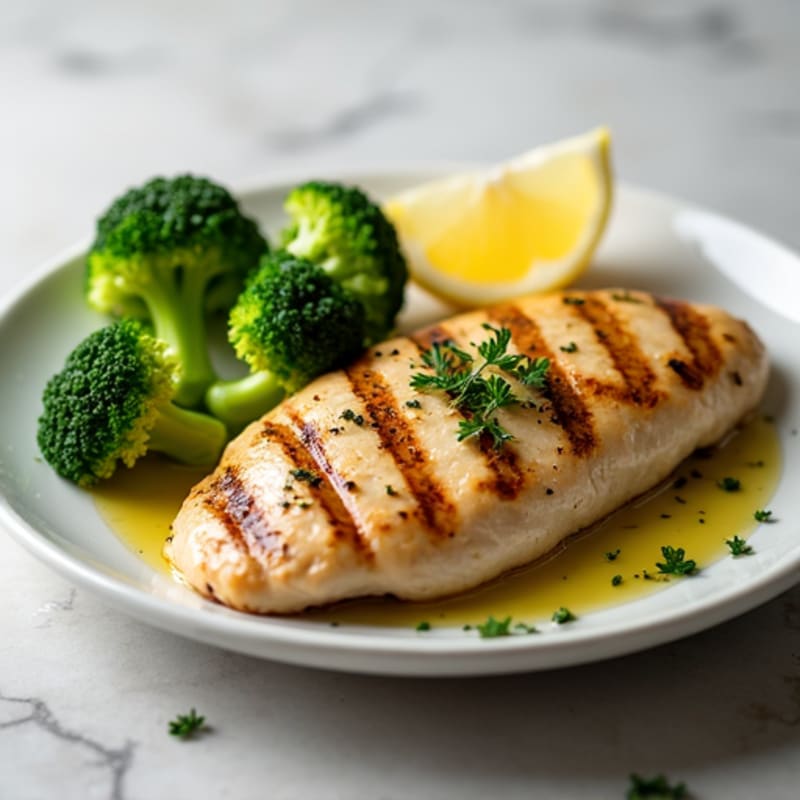 Grilled Chicken Breast with Steamed Broccoli and Lemon