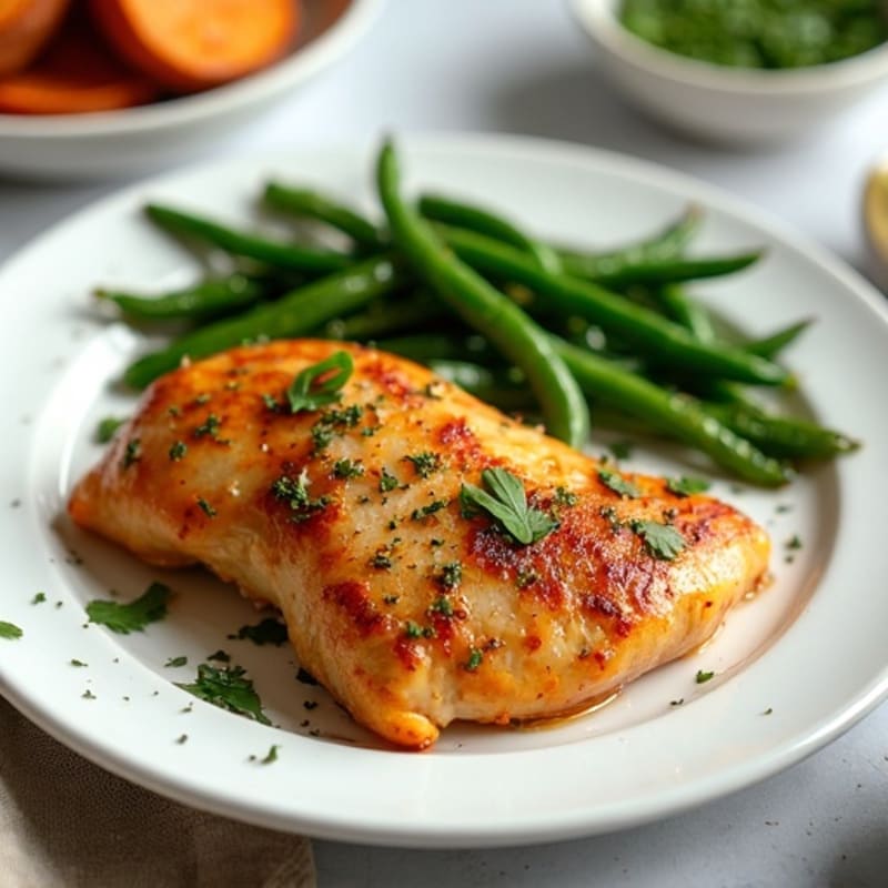 Herb-Roasted Chicken Breast with Roasted Sweet Potatoes and Green Beans