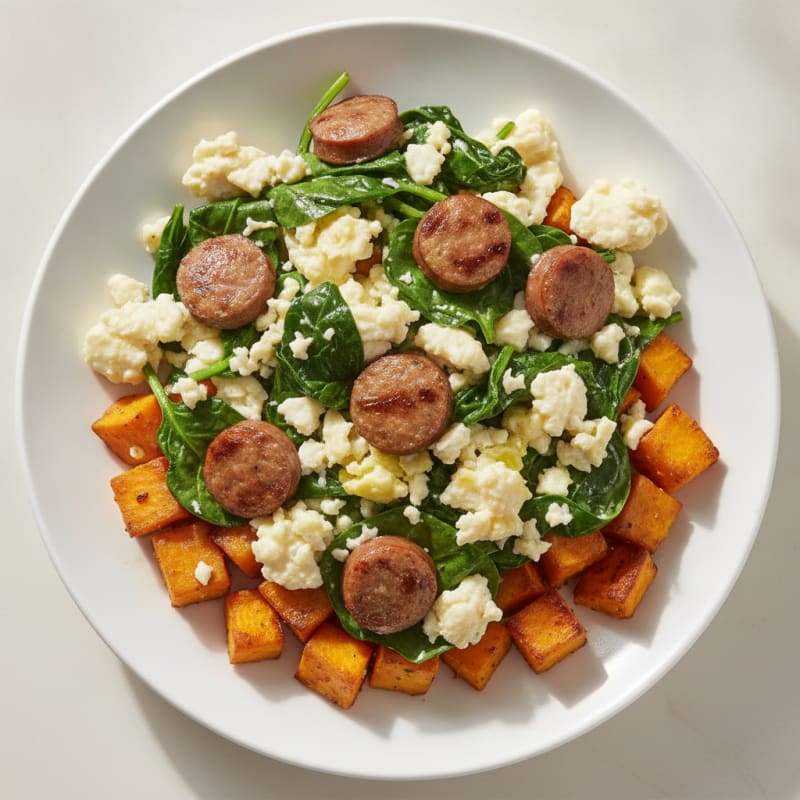 Egg White and Turkey Sausage Scramble with Spinach and Roasted Sweet Potato