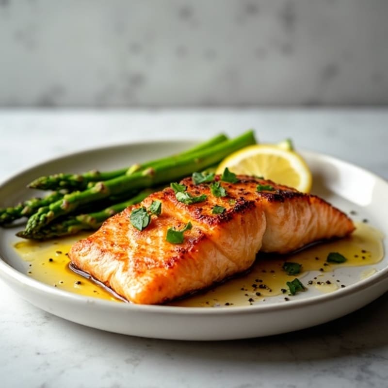 Seared Salmon Fillet with Roasted Sweet Potato and Asparagus