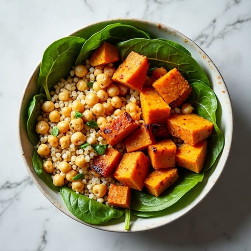 Roasted Sweet Potato and Crispy Chickpea Quinoa Bowl with Creamy Lemon-Tahini Dressing
